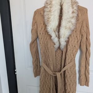 Guess Faux Fur-Trim Cable Knit Long Cardigan Sweater - Camel With Belt